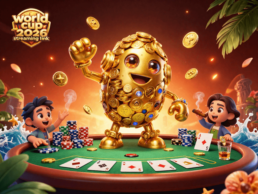 Explore the world cup 2026 streaming link with a vibrant gambling scene featuring golden golem and poker dynamics.