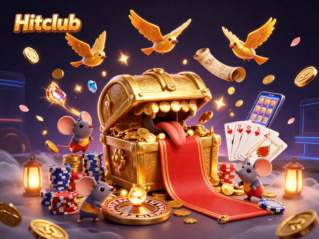 Experience thrilling wins at Hitclub with a treasure chest, vibrant coins, and exciting game elements.