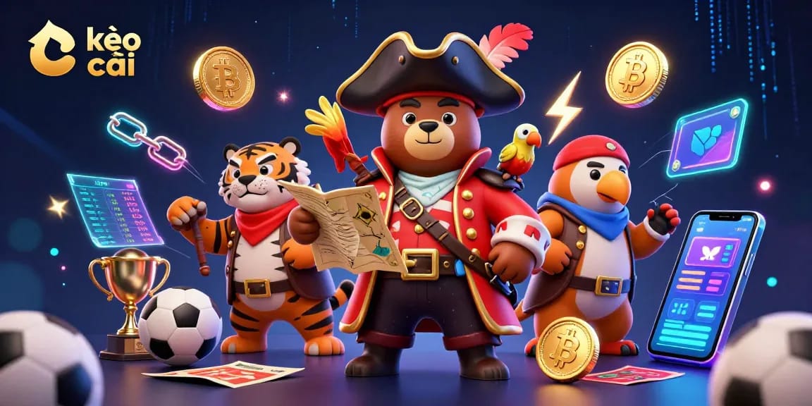 Engage in kèo nhà cái strategies with vibrant 3D visuals of pirate and tiger amidst sports betting elements.