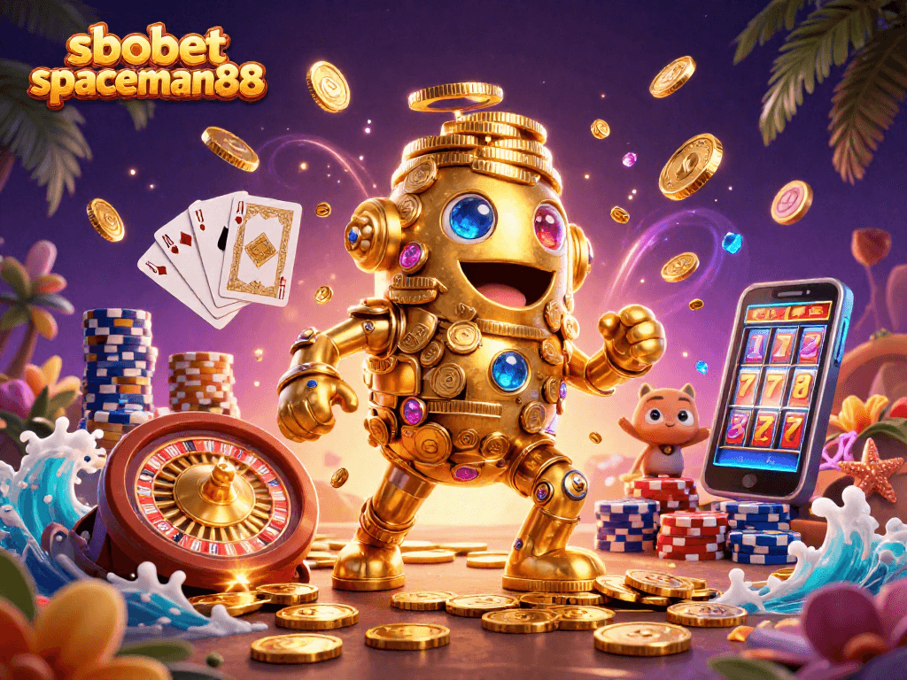 Experience sbobet spaceman88 with a vibrant 3D illustration showcasing dynamic casino elements and golden treasures.