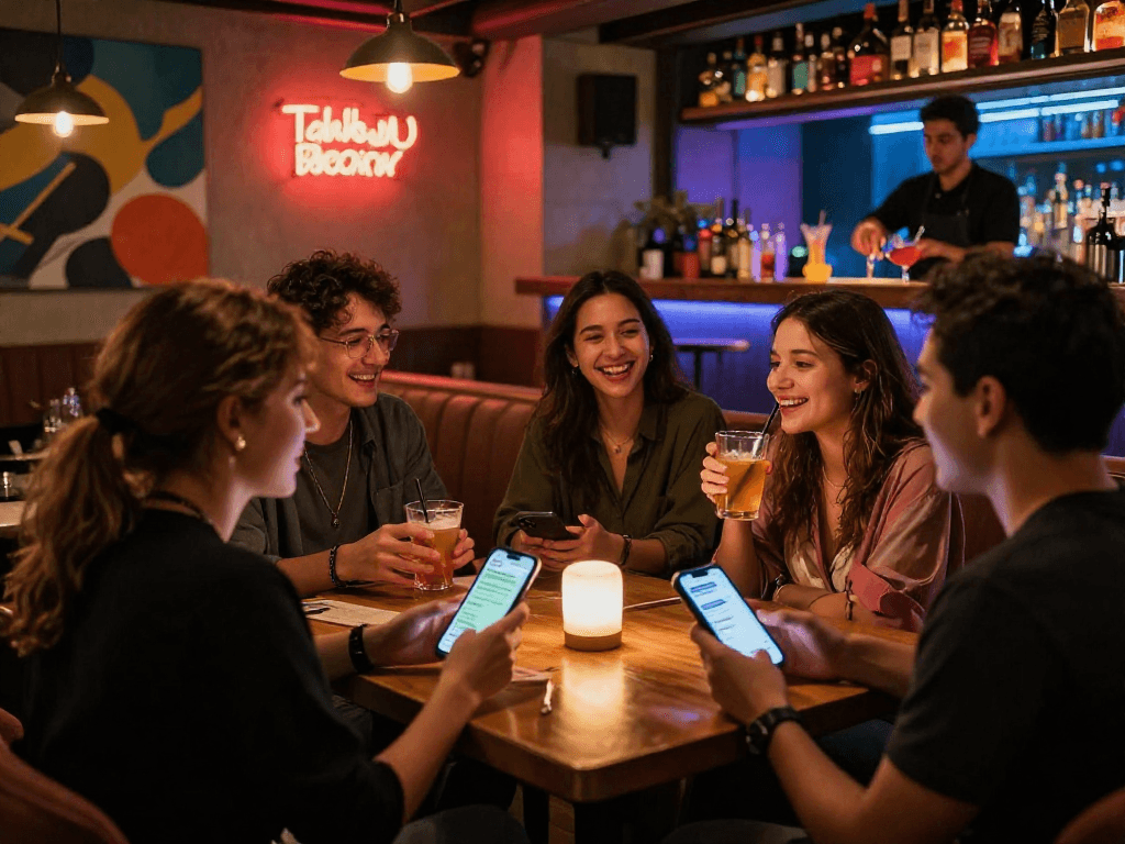 Engaging friends at a lounge focused on fun nsfw chat, highlighting social interactions and vibrant nightlife.