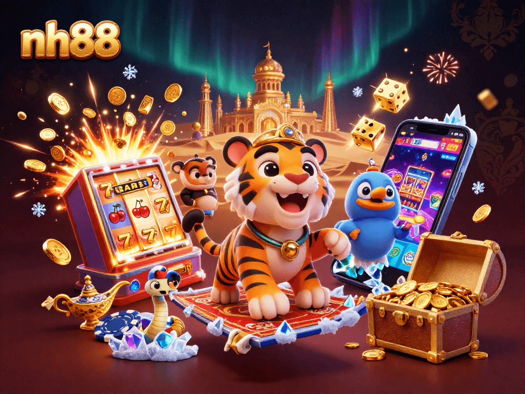 Experience the excitement of nh88 with a vibrant 3D casino scene featuring a tiger sultan and jackpot animations.