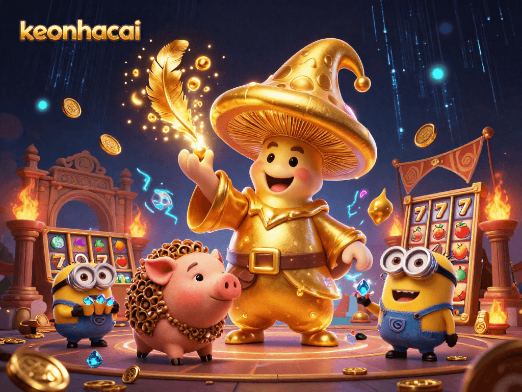 Experience the magic of keonhacai with golden treasures and vibrant 3D illustrations in a lively casino scene.