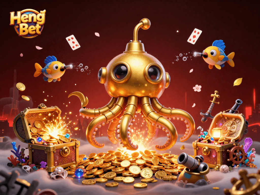 Engage with Heng Ong Bet's vibrant underwater adventure featuring a golden kraken submarine amidst treasures.