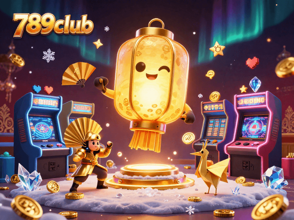 Engage with thrilling games at 789club featuring a golden lantern spirit and arcade machines.