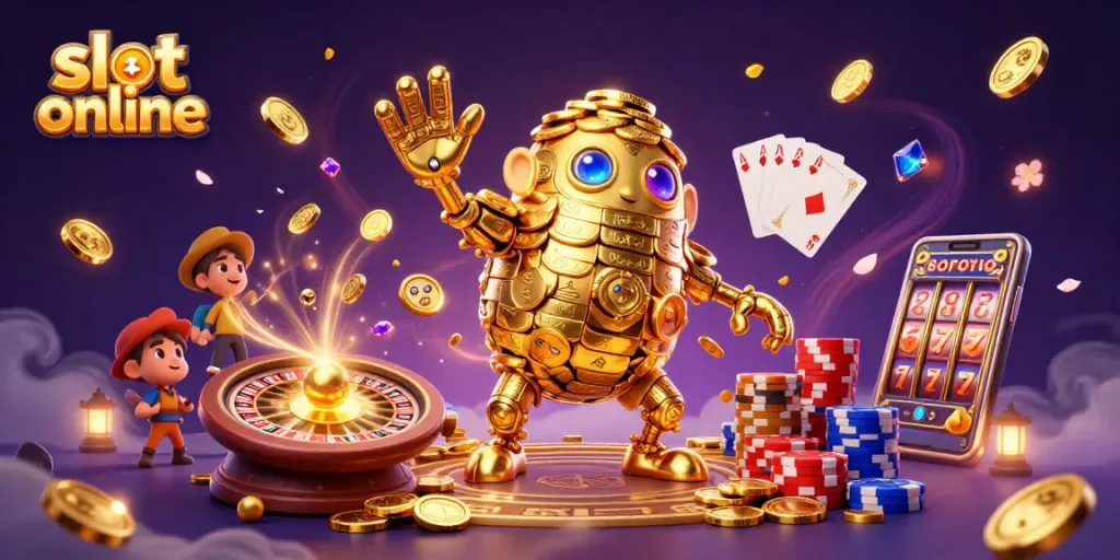 Spin slot online reels with vibrant symbols and a 3D golden golem in a lively casino scene.