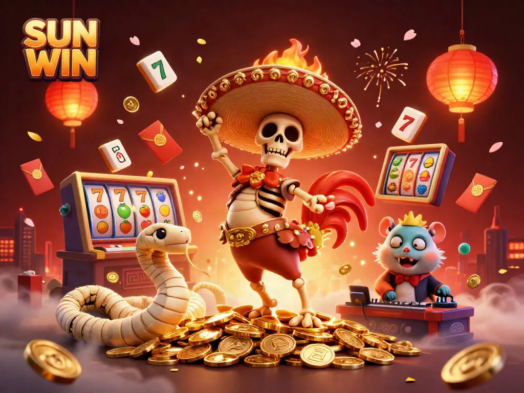 Experience the excitement of SUN WIN with a vibrant casino illustration featuring a dancing skeleton, mummy snake, and a DJ hamster amidst dynamic slot game elements.