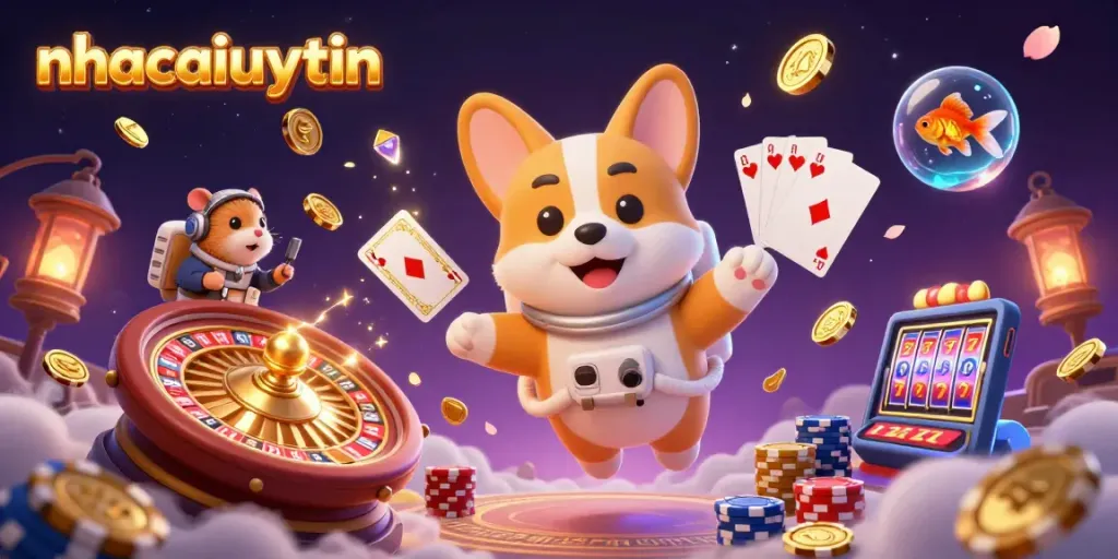nhacaiuytin showcases a cartoon corgi in a space casino, floating coins, and interactive gaming elements.