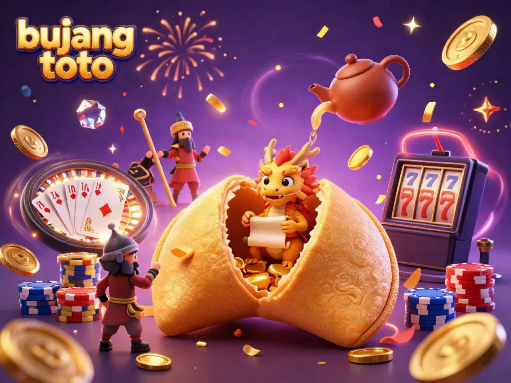 Experience the excitement of bujang toto with giant fortune cookie characters and cascading coins in this vibrant casino illustration.