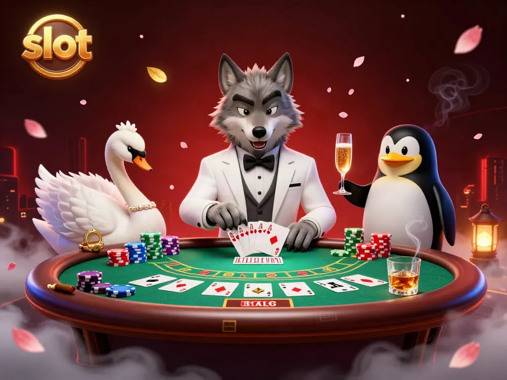 Catch slot action featuring a debonair wolf, elegant swan, and penguin with casino elements.