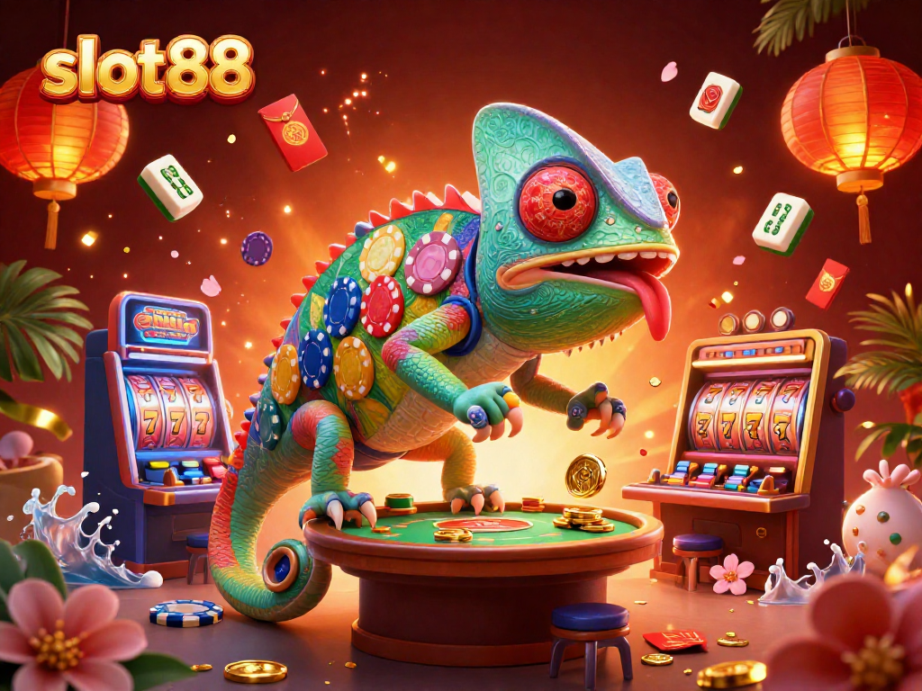 Engage with slot88's thrilling chameleon casino owner as he captures golden coins amidst vibrant gaming elements.