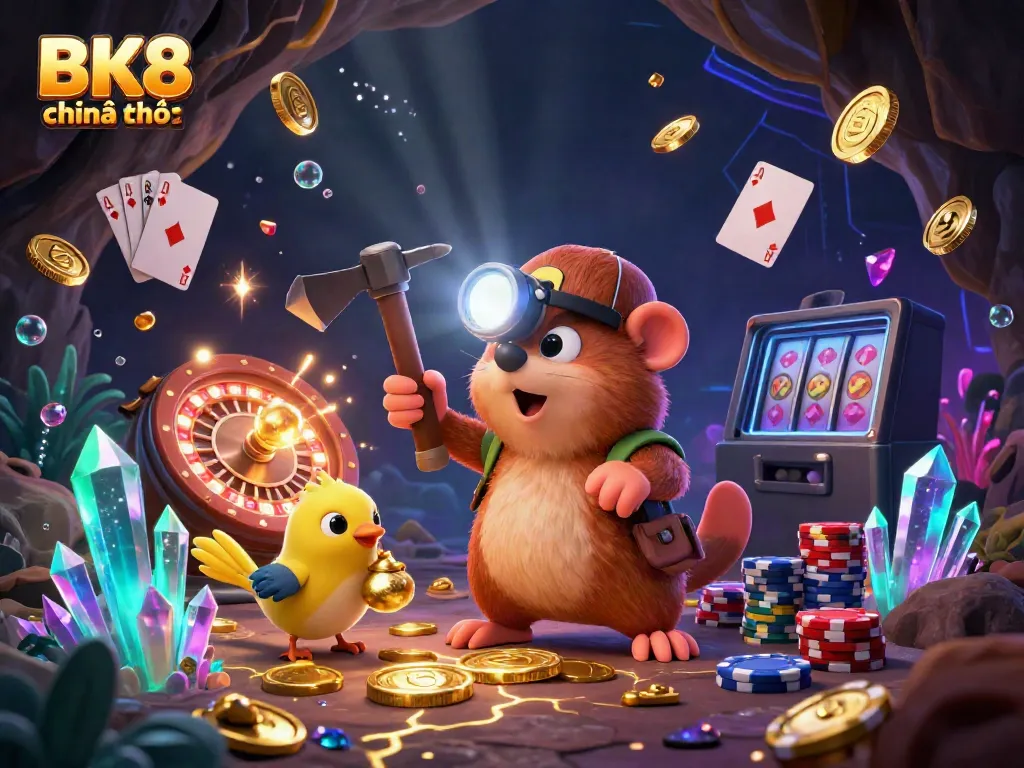 Experience the thrill of BK8 chính thức with a vibrant casino scene featuring a treasure hunter mining gems alongside a canary.