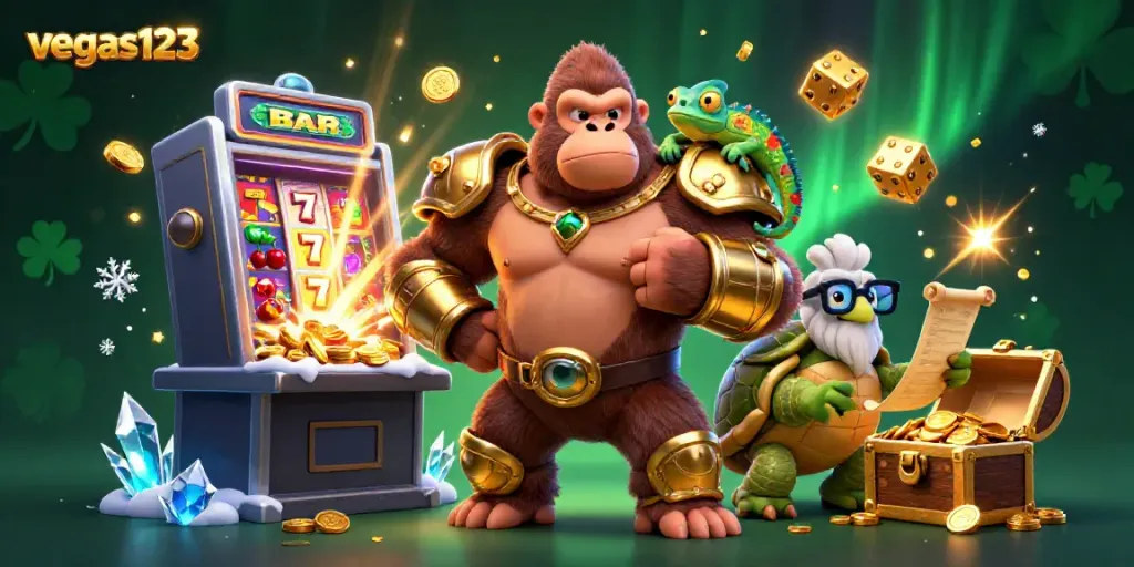 Gorila raja vegas123 beraksi di mesin slot pemenang, diiringi oleh chameleon dan kura-kura, ilustrasi 3D yang kaya!