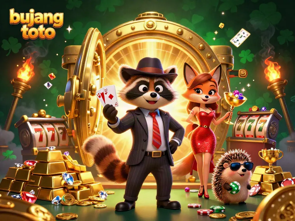 Experience thrilling victories with Bujang Toto in this vibrant casino scene featuring raccoon and fox characters.