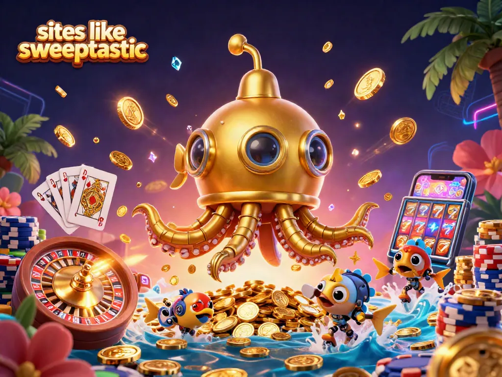 Spin the reels at sites like sweeptastic, featuring a vibrant 3D scene with a golden kraken!