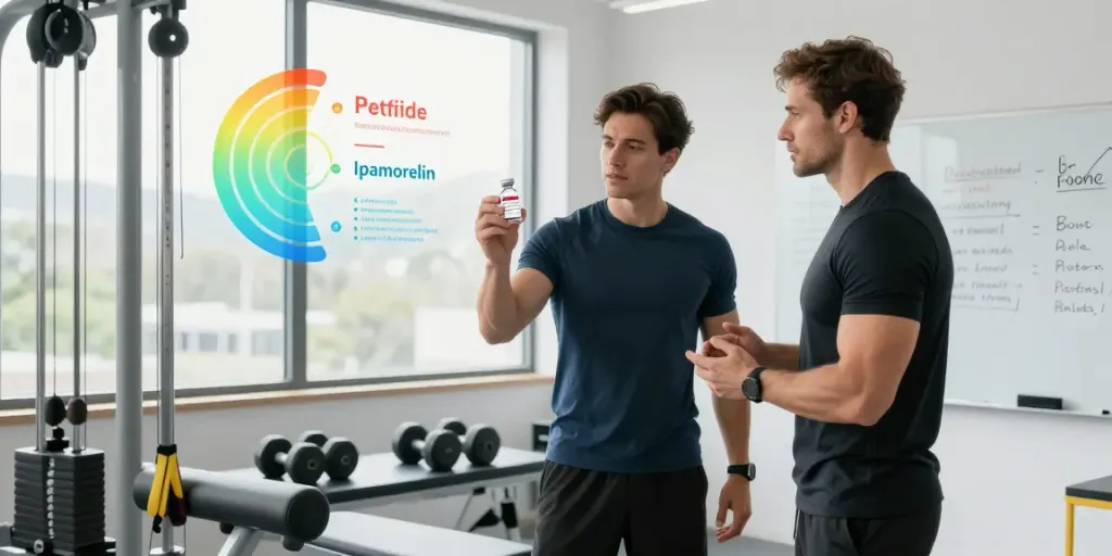 Buy Ipamorelin in a modern fitness lab where professionals discuss peptide benefits.