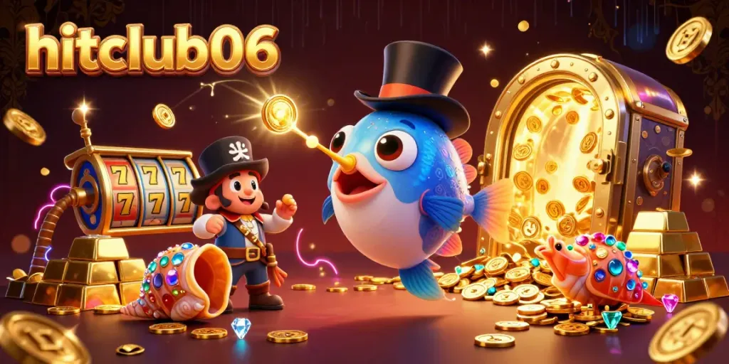 hitclub06 players engage with vivid slot games and treasures in an exciting underwater casino scene.
