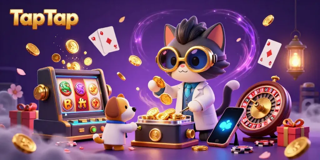 Engage with TapTap's vibrant slot gaming world featuring a mad scientist cat and golden coins.