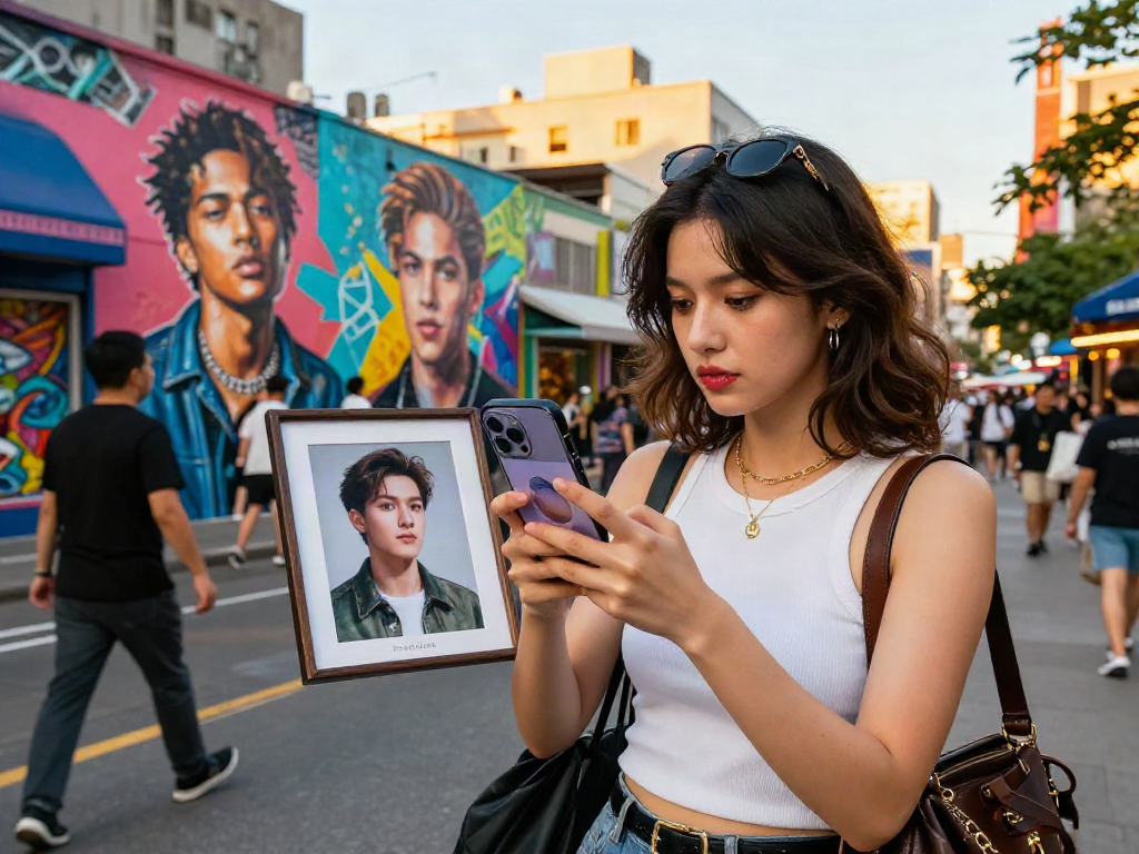 Young woman using facial recognition app to discover who she looks like celebrities in urban setting.