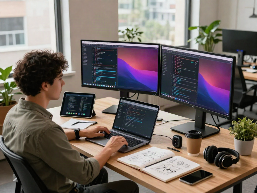 Developing applications with the pikashow app in a bright tech workspace.