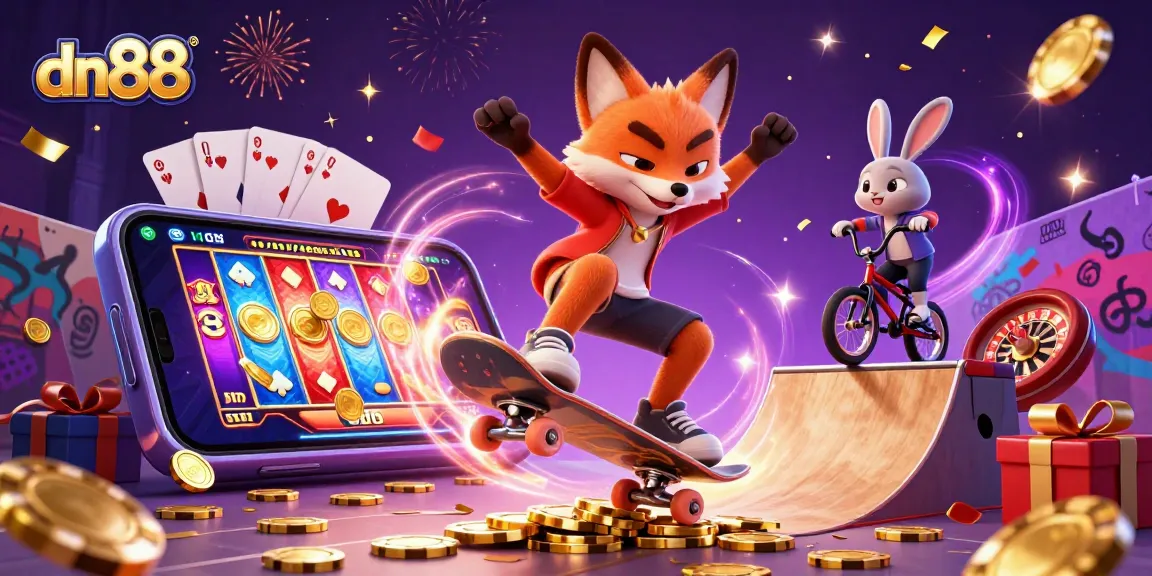 Engage in thrilling gaming with the dn88 platform, showcasing vibrant characters and casino elements.