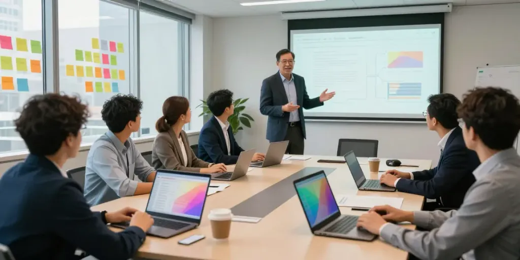 Michael Rustom consulting with a diverse team in a bright corporate office.