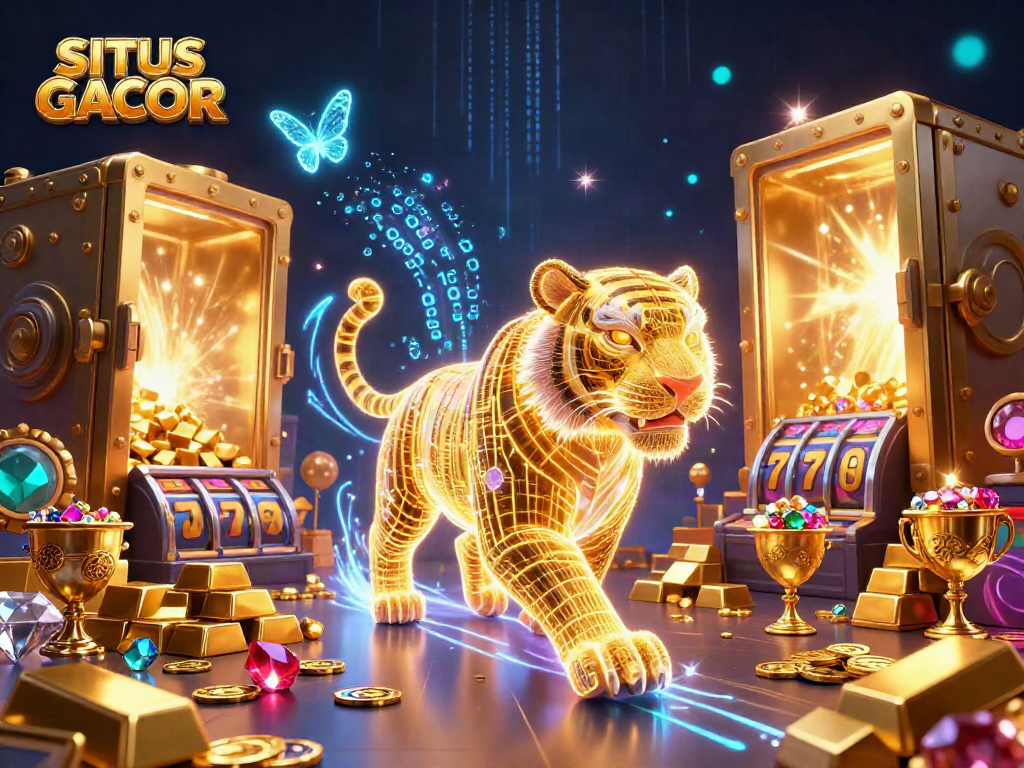 SITUS GACOR showcases a dynamic scene of a golden tiger in a vibrant digital casino landscape, attracting winners.