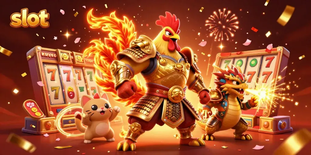 Engage with thrilling slot machines featuring rooster warriors and dragons in a vibrant casino scene.