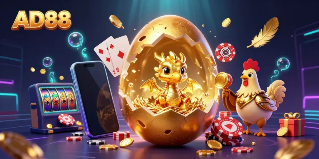 Engage with AD88's exciting gaming world featuring golden dragon, chips, and rich casino elements.