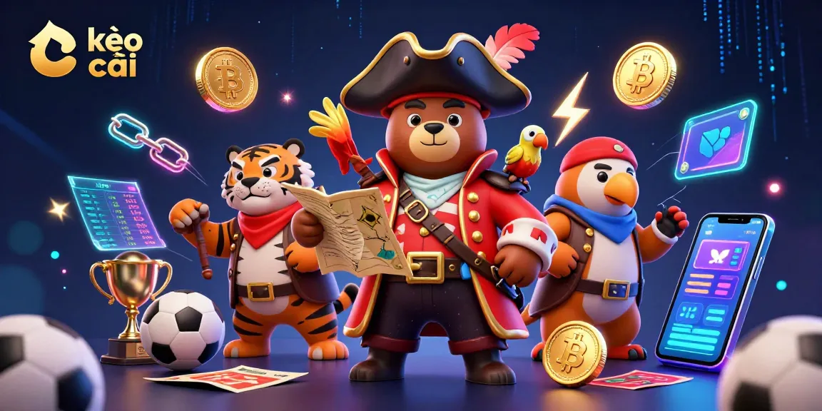 Engage in kèo nhà cái strategies with vibrant 3D visuals of pirate and tiger amidst sports betting elements.