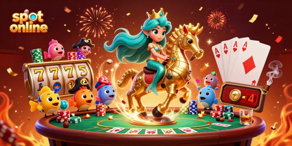 Slot online menyajikan ilustrasi kasino 3D dengan putri duyung, kuda laut, dan simbol jackpot yang memukau.
