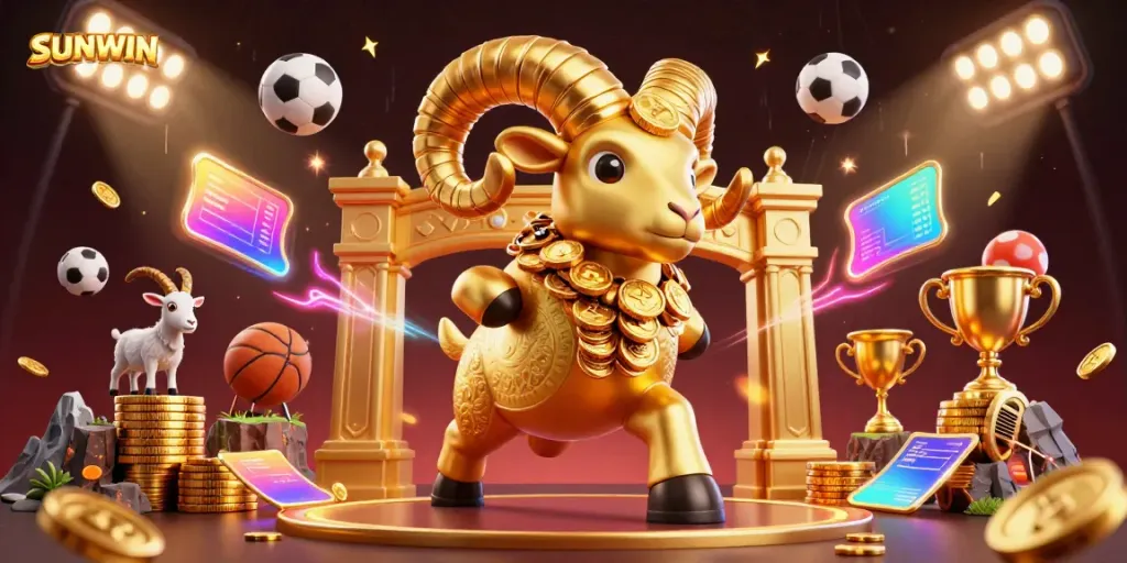 Experience excitement with SUNWIN as a massive golden ram charges through a dynamic casino scene filled with sports elements.