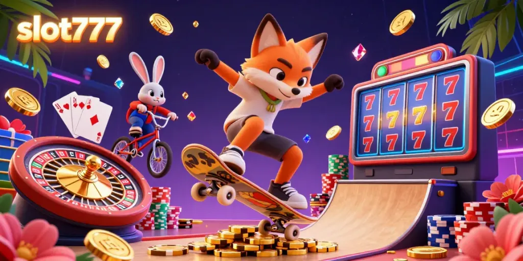 Spin the lucky reels and win with slot777 in this dynamic 3D casino illustration.