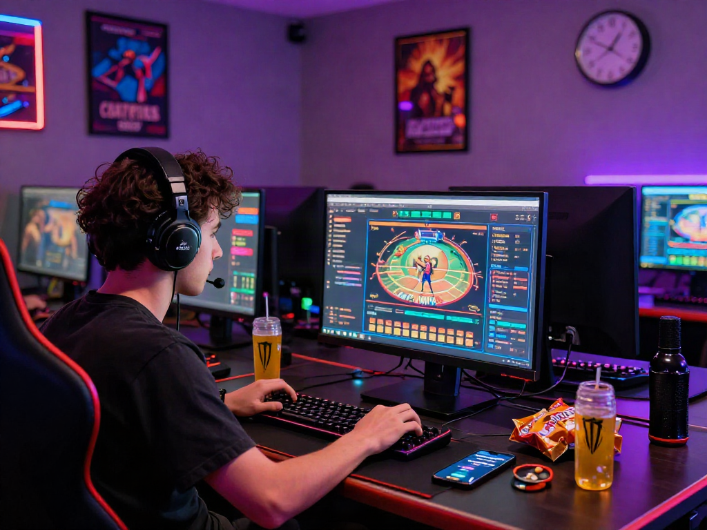 Person engaged in 먹튀검증 process at a modern gaming desk surrounded by gaming gear and snacks.
