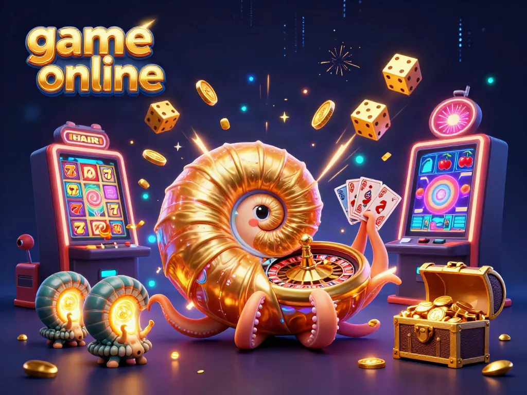 Play exciting game online with a giant nautilus holding cards and a jackpot slot machine bursting with coins