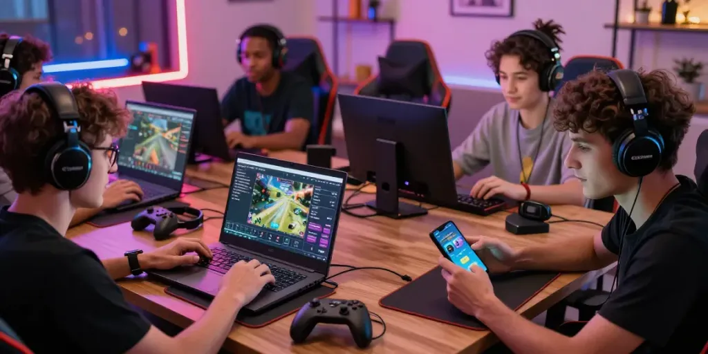 BOS88 platform showcasing gamers actively engaging with online slots and statistics in a dynamic gaming environment.