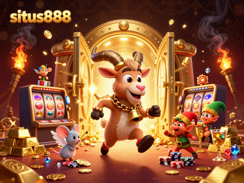 Situs888 presents an exciting 3D illustration of a festive casino scene with slot machines, gold treasures, and playful characters.