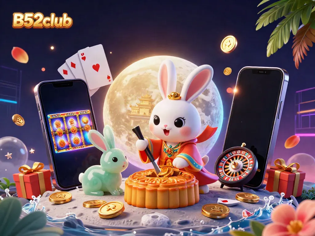 B52club moon rabbit illustration combining casino elements for an engaging gambling-themed digital art.