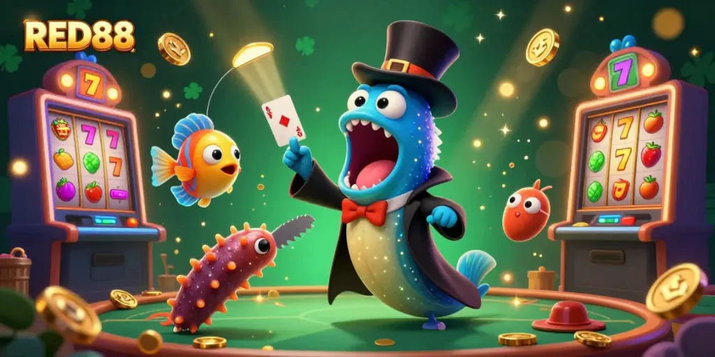 Engage with RED88's vibrant casino world featuring a magician eel, anglerfish spotlight, and gaming thrills.