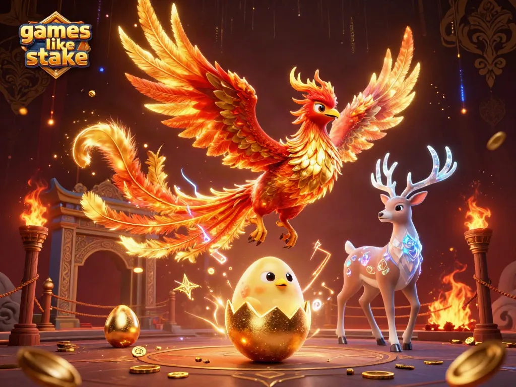 Engage with exciting gameplay at sites like stake featuring vibrant phoenix and stag artwork.