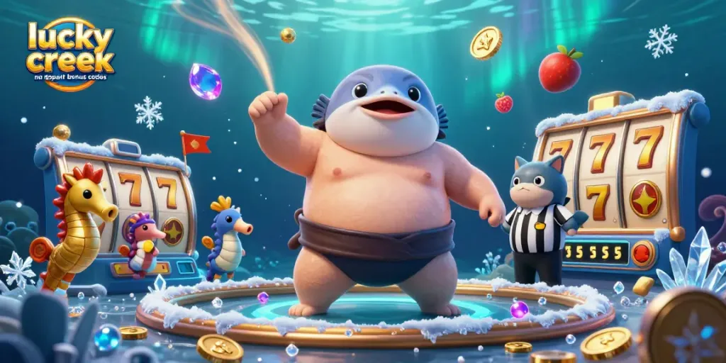 Experience Lucky Creek Casino no deposit bonus codes while enjoying a vibrant underwater scene with playful characters.