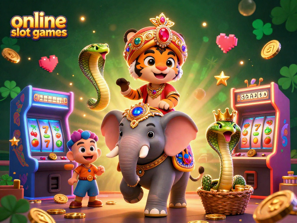 Experience thrilling online slot games in a vibrant 3D casino scene with dynamic characters.