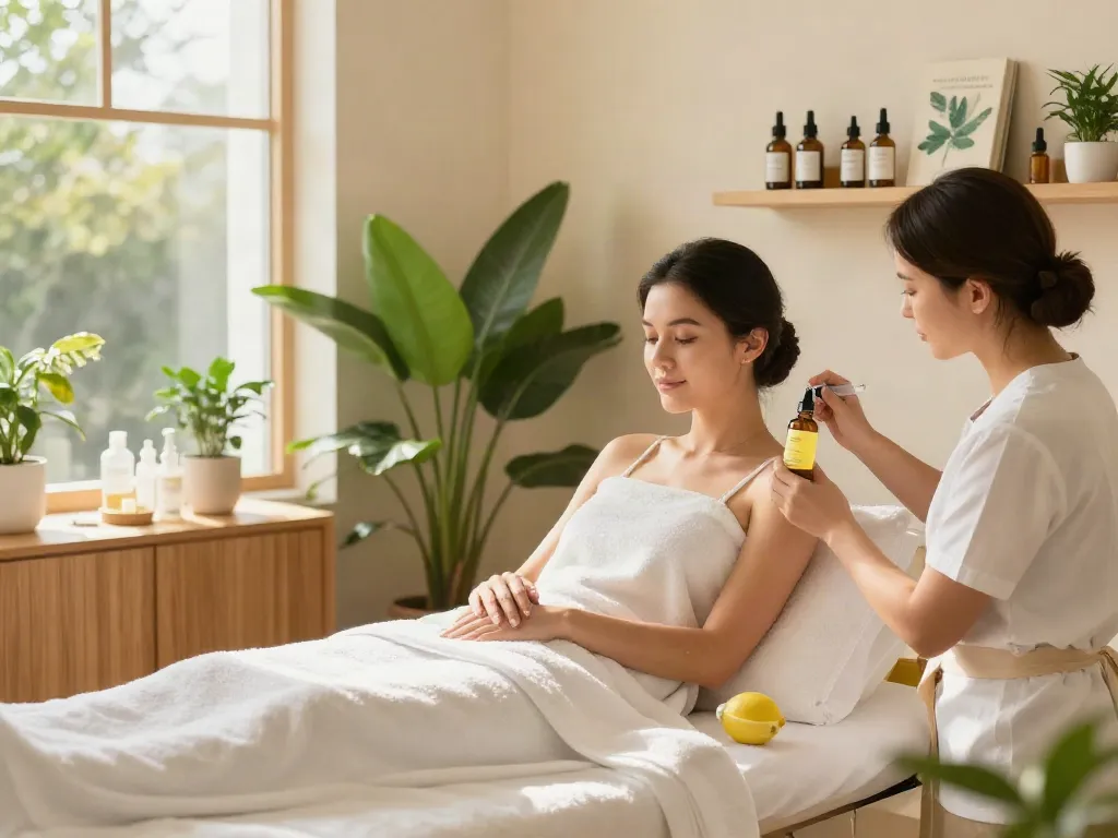 Woman receiving lemon bottle peptide treatment in serene wellness studio.