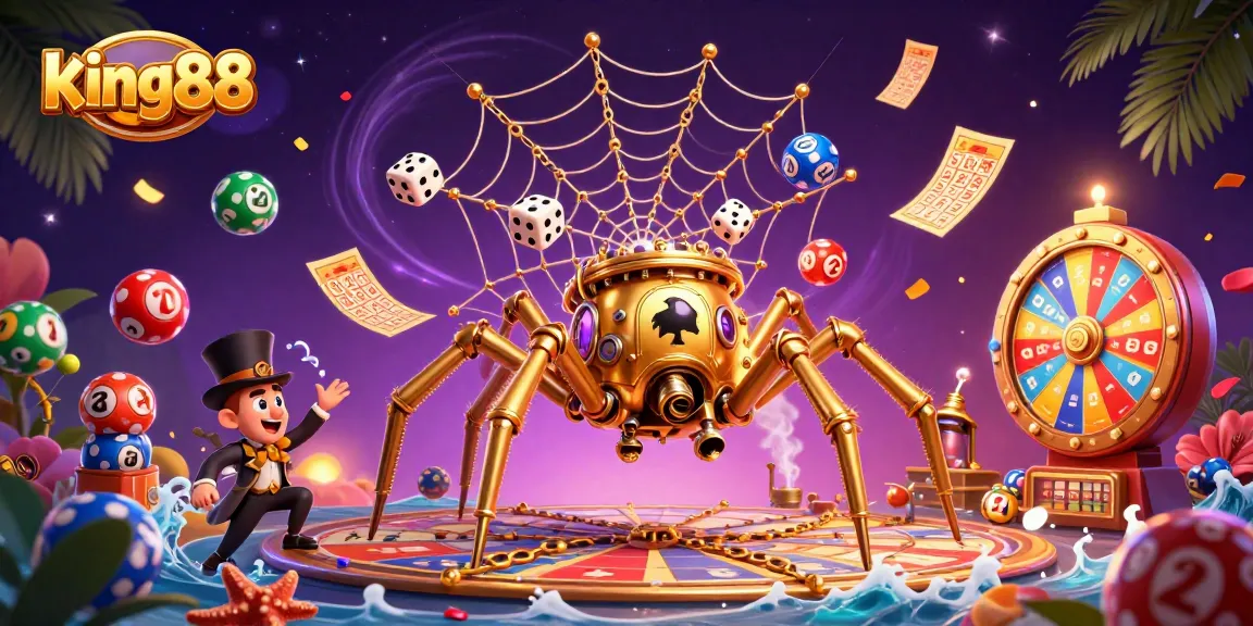 Experience thrilling moments at king88 with a playful steampunk spider capturing dice in a vibrant casino scene.