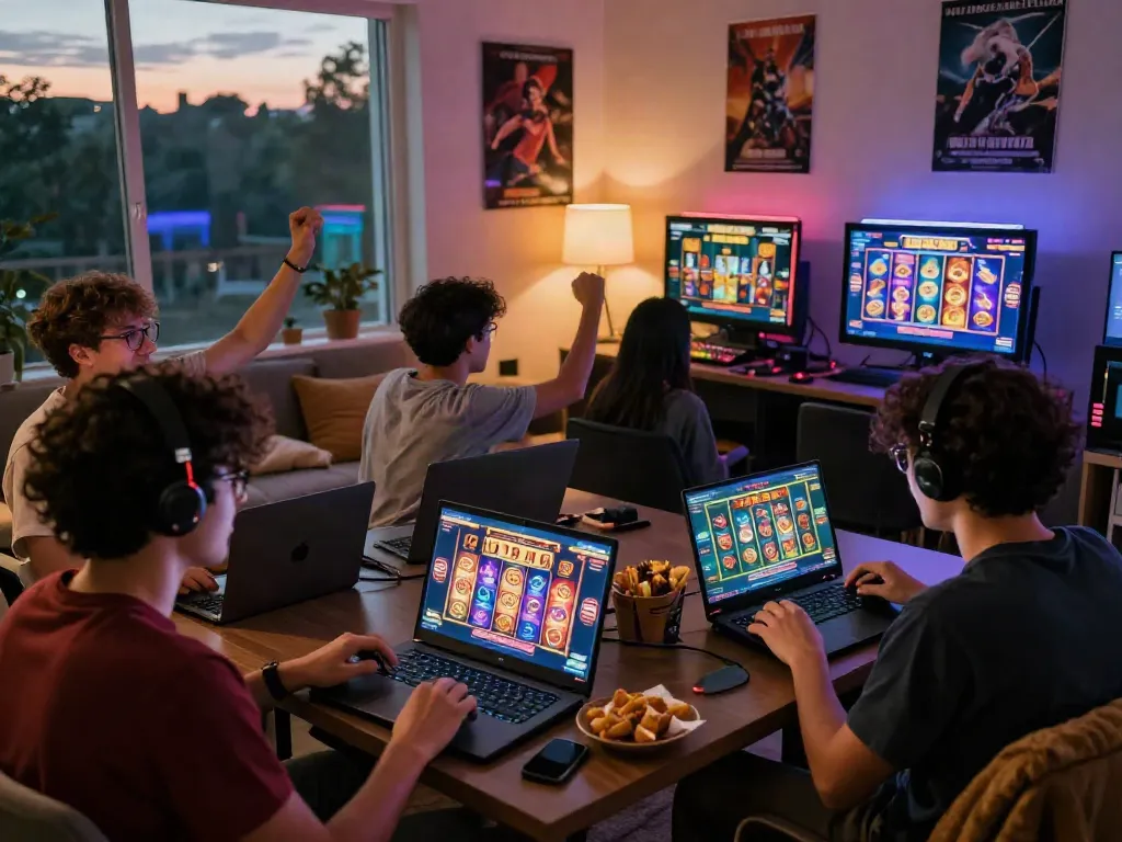Excited players enjoying slot jackpot games in a cozy living room setting.