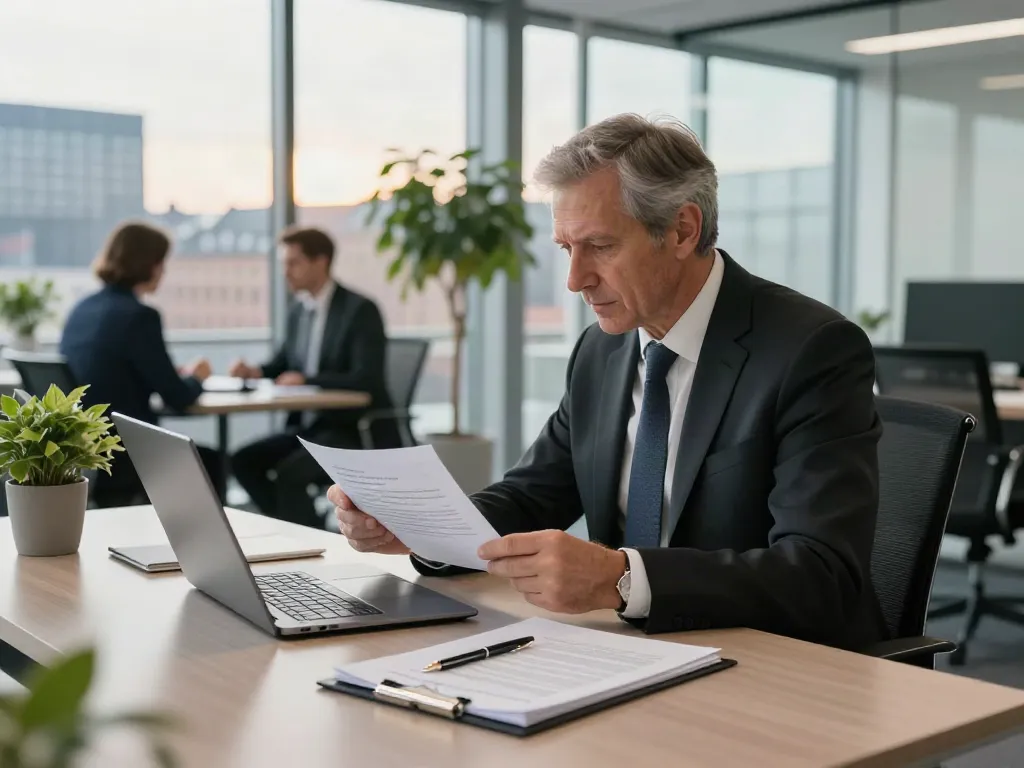 Legal consultant reviewing contracts in a modern office, representing Lead Roedl's advisory services in 2026.