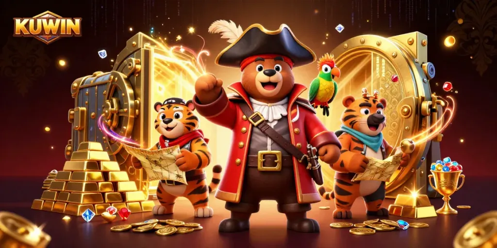 Kuwin casino scene showcases a pirate bear and tiger, diving into thrilling gaming adventures.