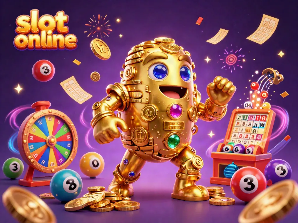 Experience the thrill of slot online gaming with an animated golden golem surrounded by dynamic symbols.