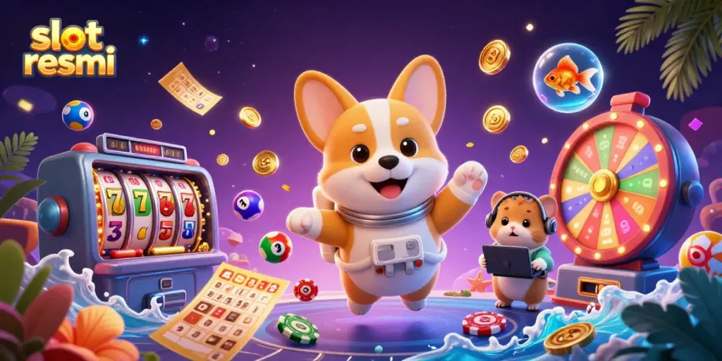 Engage with the exciting world of slot resmi as a floating corgi navigates a zero-gravity casino.