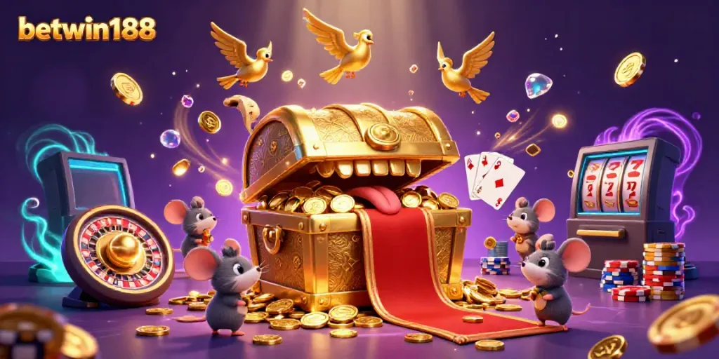 Menangkan kekayaan di betwin188 dengan peti harta karun menggiurkan dan chip poker berwarna-warni.